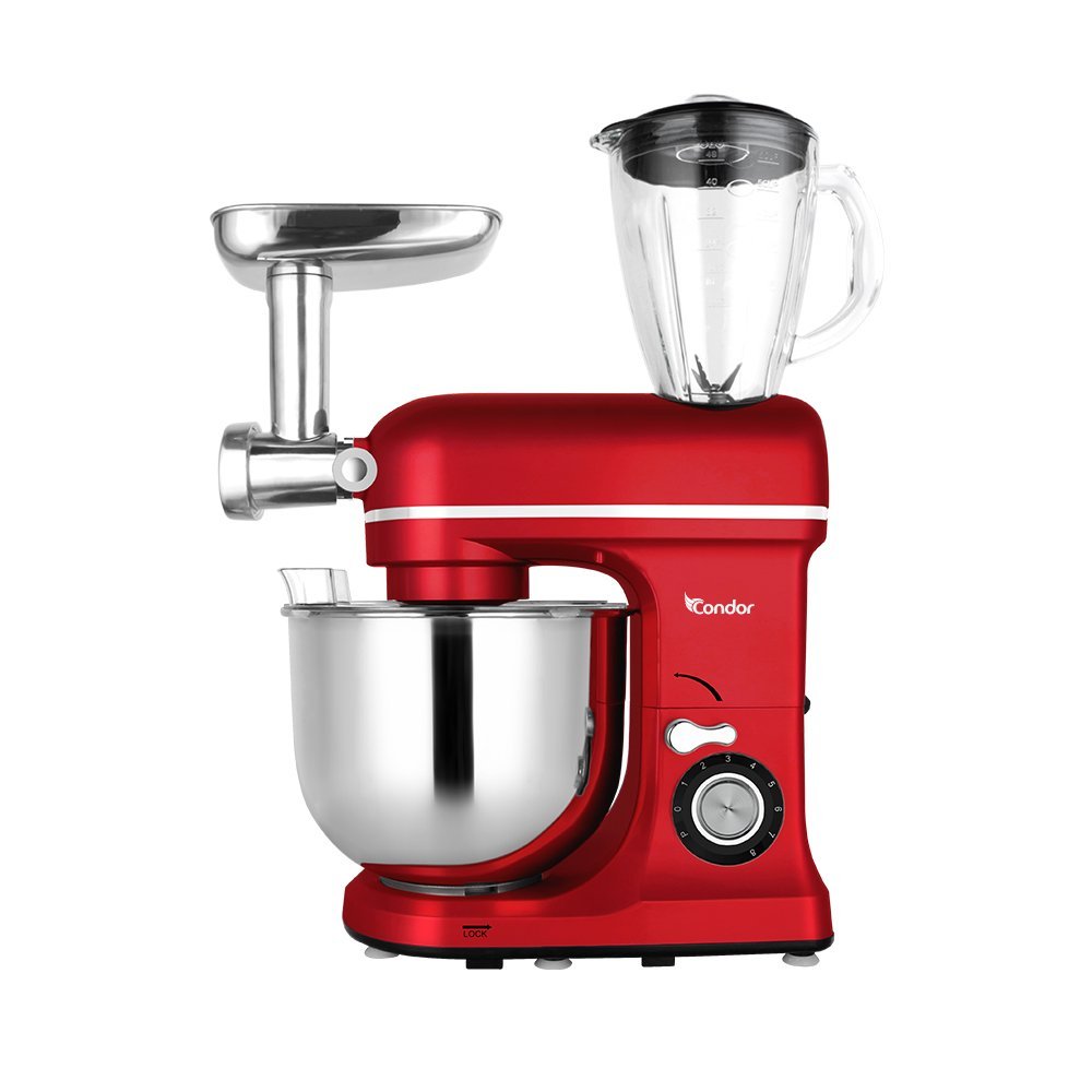 Pétrin CONDOR POWER MIX Multi Fonction – Double Crochet – 1600W – 8L Bol – 1,5L Blender – Rouge